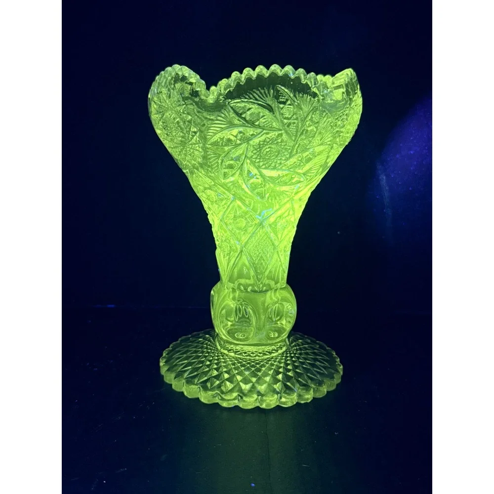 Antique Uranium Vaseline Glass Trumpet Vase EAPG UV Reactive Pressed Glass 6.5
